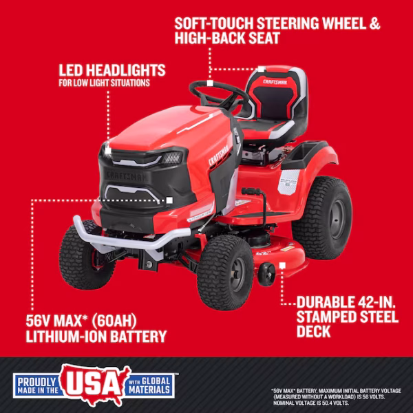 CRAFTSMAN Turn Tight 42-Inches 56-volt Lithium ion Electric Riding lawn mower with ( 60 Ah Batteries ( Charger Included ) - Image 7