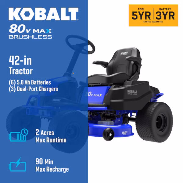 Kobalt Crossover 42-in 80-volt Lithium ion Electric Riding lawn mower with ( 6 ) 5 Ah Batteries ( Charger Included ) - Image 7