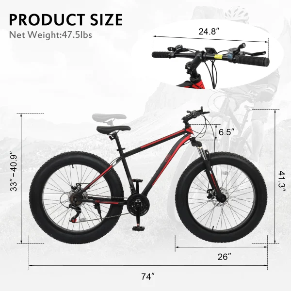 CamPingSurvivals Fat Tire Mountain Bike, 26 Inch Wheels, 21 Speed with High Carbon Steel Frame, Red Black - Image 4